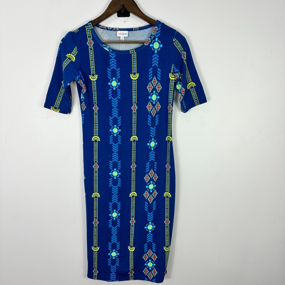 LuLaRoe‎ Julia Dress Womens XS Blue Geometric Tribal Floral Print Sheath Fitted